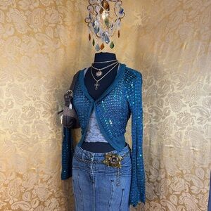 ✨Vintage Y2K Boho Aqua Mermaid Sequins Crochet Bolero✨